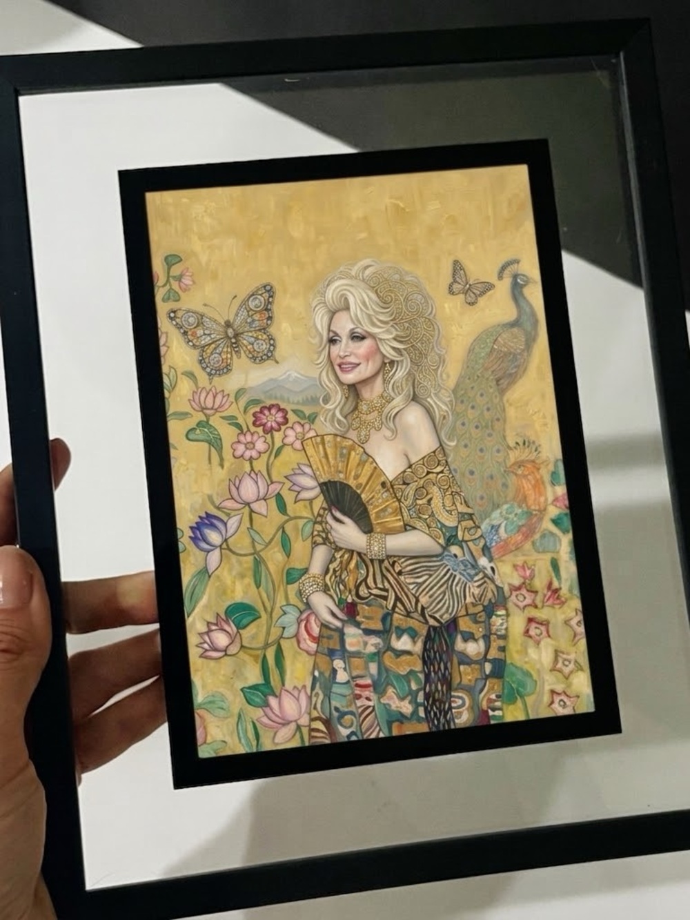 Dolly Parton on Gustav Klimt garden art paper print - framed